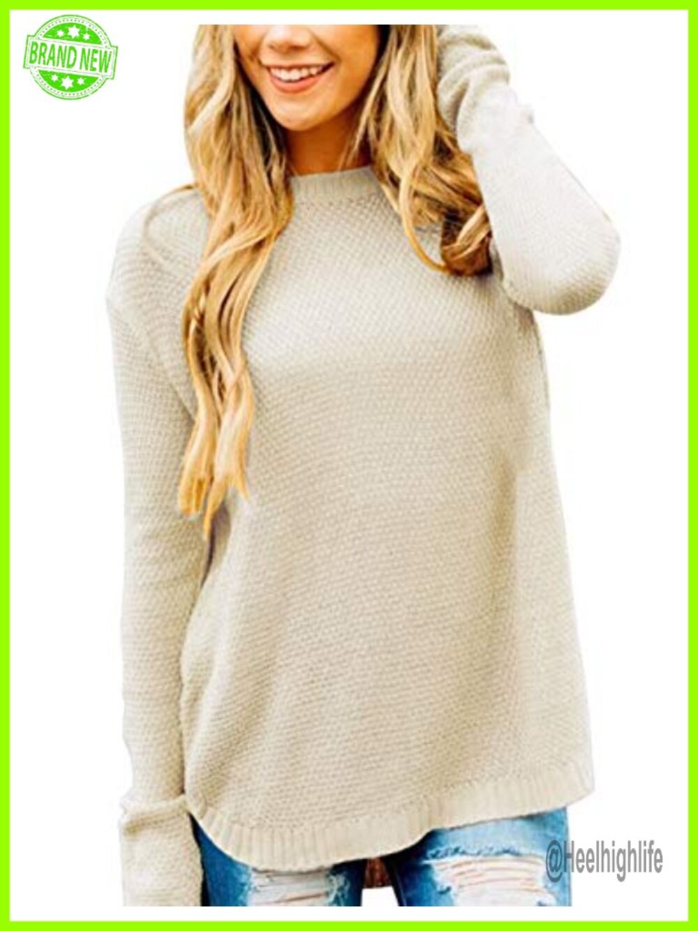 Waffle Knit Balloon Sleeve Pullover Sweater Crew Neck Loose Fit